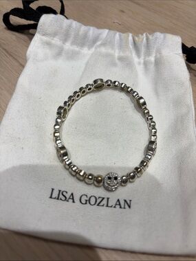 Lisa Gozlan Silver Bead Bracelet with Pave Smiley Charm Size 6